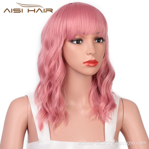 Aisi Hair Wholesale Top Quality Short Bob Pink Wig With Neat Bangs Synthetic Short Curly Wave Wigs For Black Women